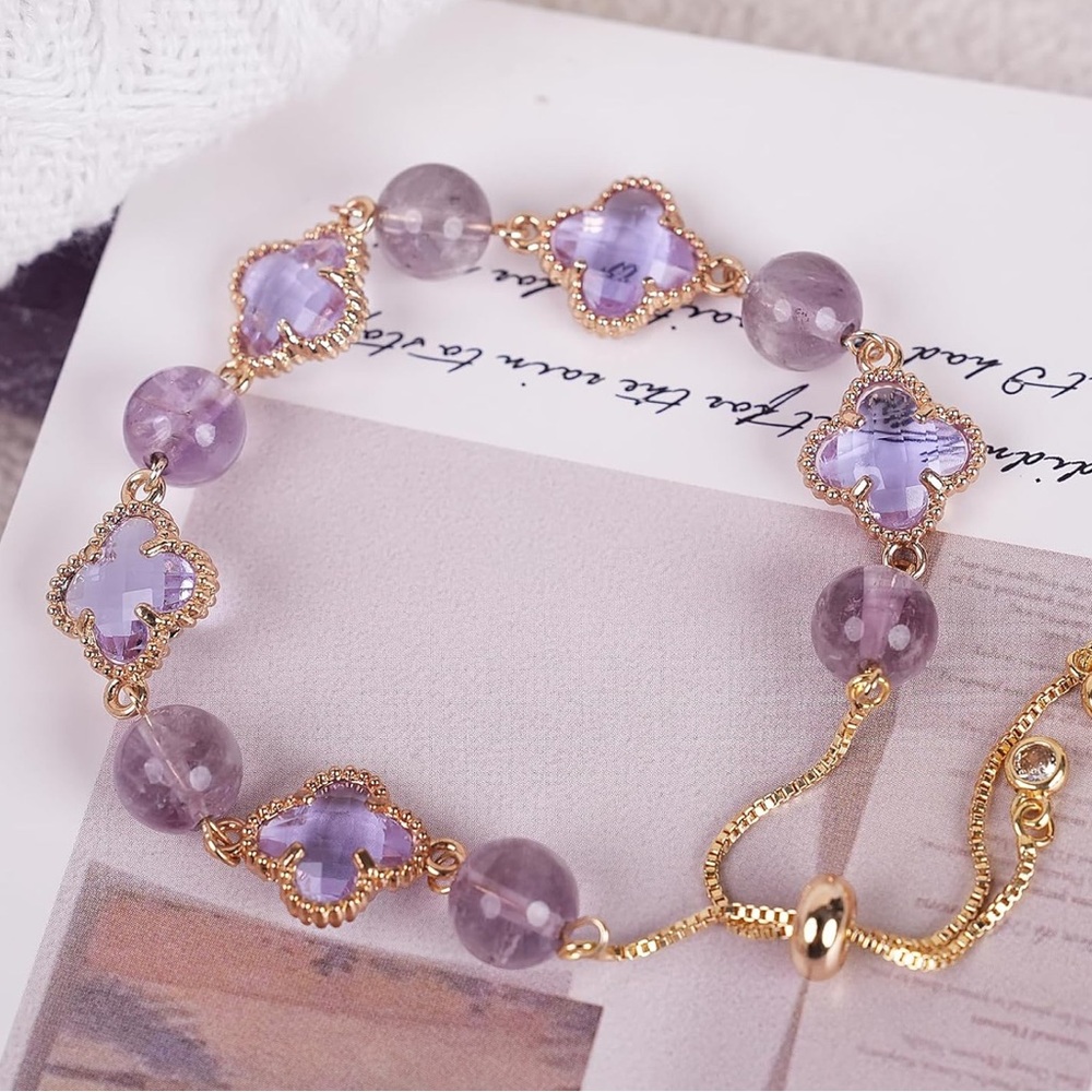 🆕New Purple Amethyst Four Leaf Clover Bracelet